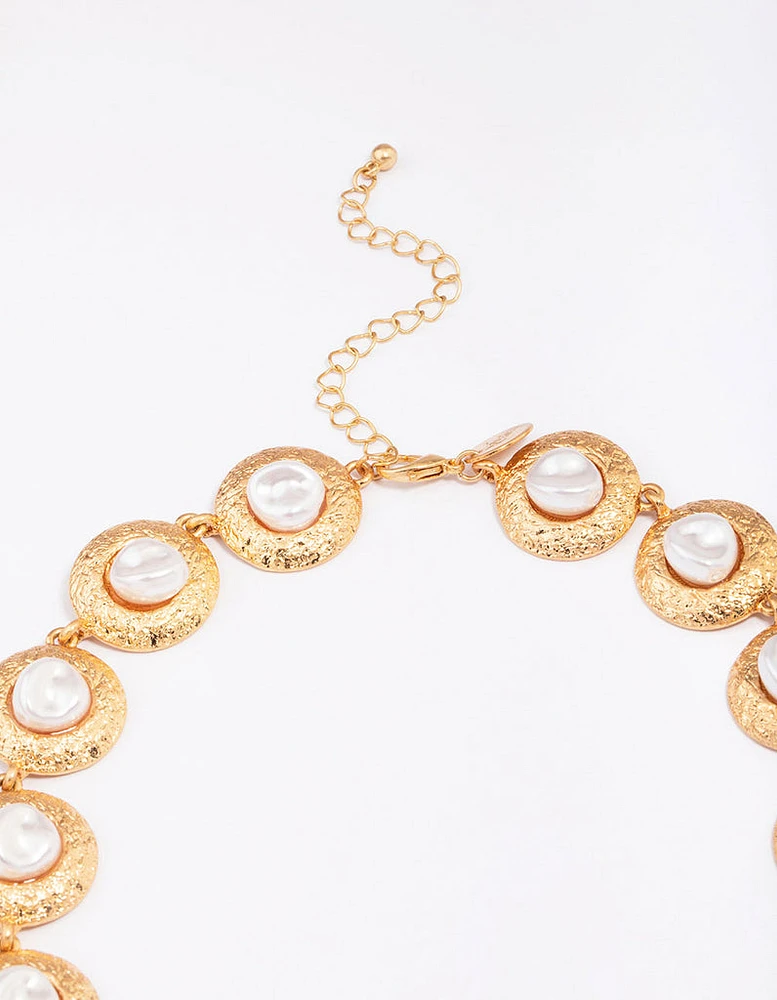 Gold Hammered Diamante Round Necklace