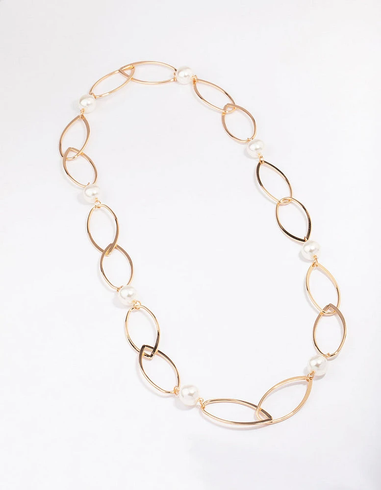 Gold Oval Pearl Link Chain Necklace