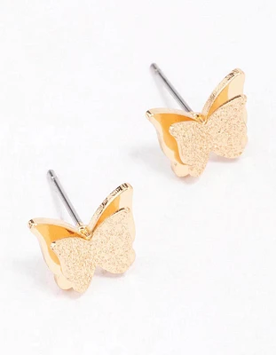 Gold Sandblast Butterfly Stud Earrings