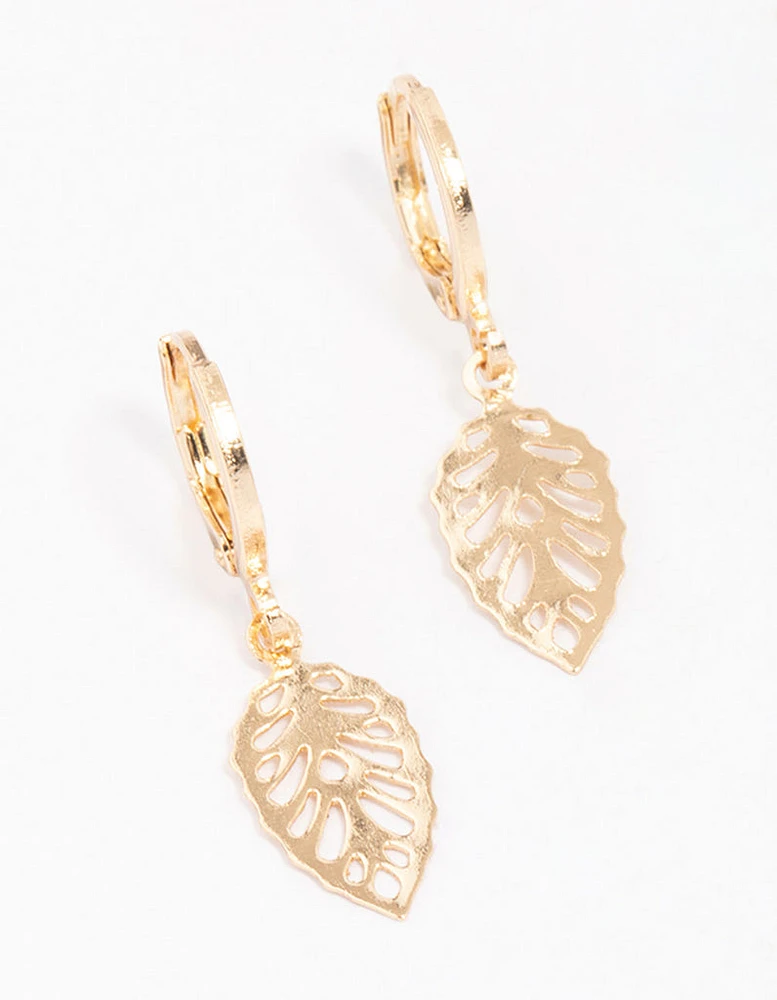 Gold Cut-Out Leaf Huggie Hoop Earrings