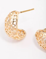 Gold Intricate Cut-Out Teardrop Hoop Earrings