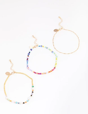 Gold Mixed Beaded & Pearl Anklet 3-Pack