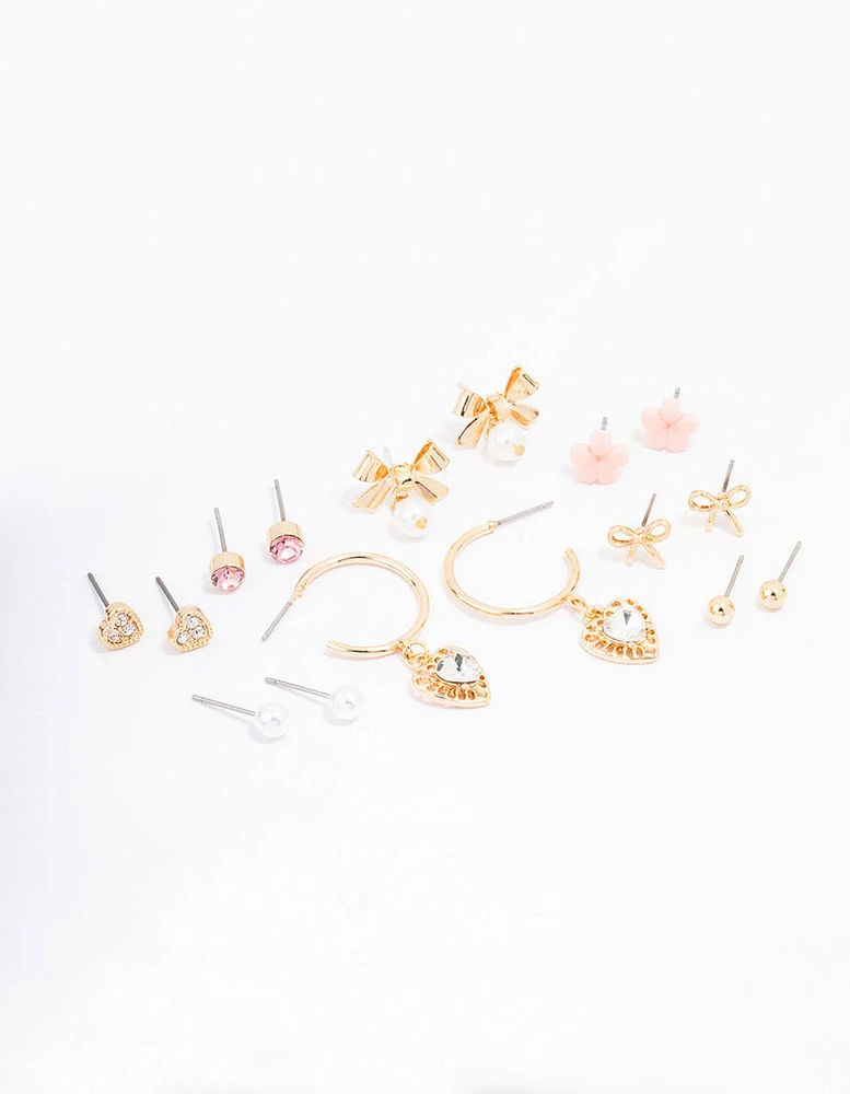 Gold Bow Flower & Pearl Earring 8-Pack