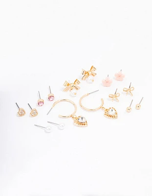 Gold Bow Flower & Pearl Earring 8-Pack