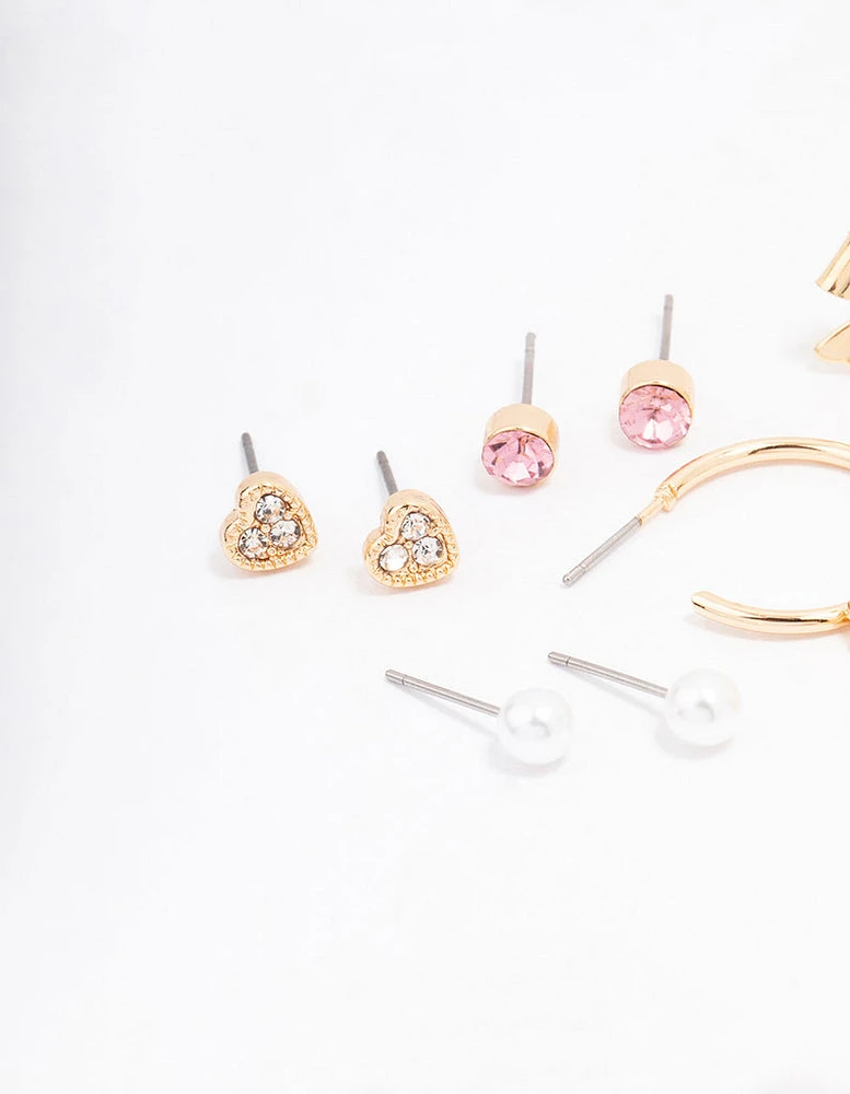 Gold Bow Flower & Pearl Earring 8-Pack