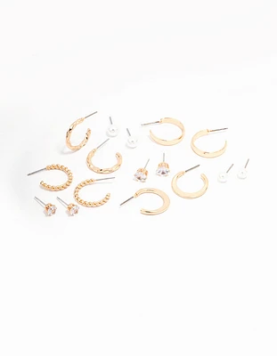 Gold Pearl Diamante Mixed Hoop & Stud Earring 8-Pack