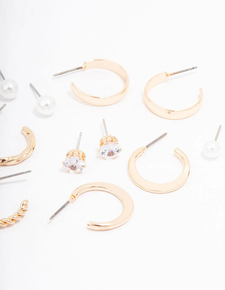 Gold Pearl Diamante Mixed Hoop & Stud Earring 8-Pack