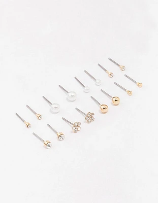 Gold Diamante Flower & Pearl Earring 8-Pack