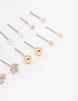 Gold Diamante Flower & Pearl Earring 8-Pack