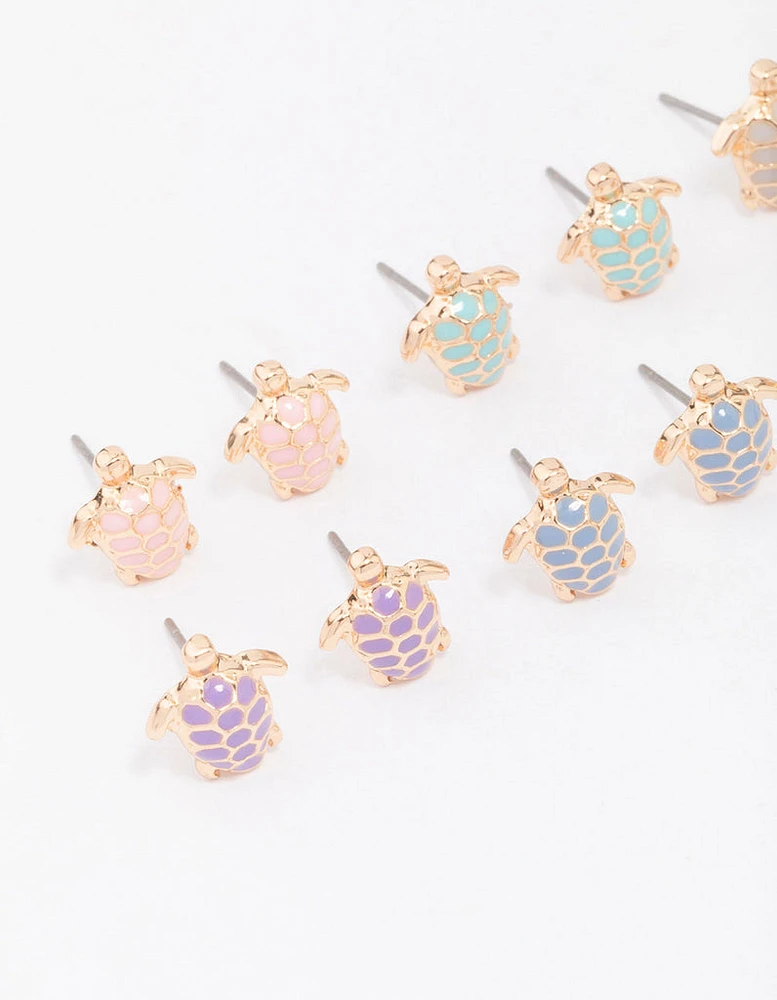 Gold Multi-Coloured Turtle Stud Earring 8-Pack