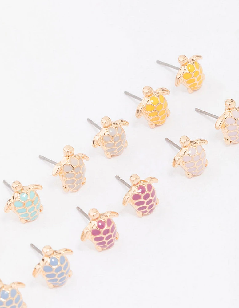 Gold Multi-Coloured Turtle Stud Earring 8-Pack