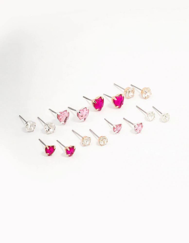 Silver Heart & Crystal Solitaire Earring 8-Pack