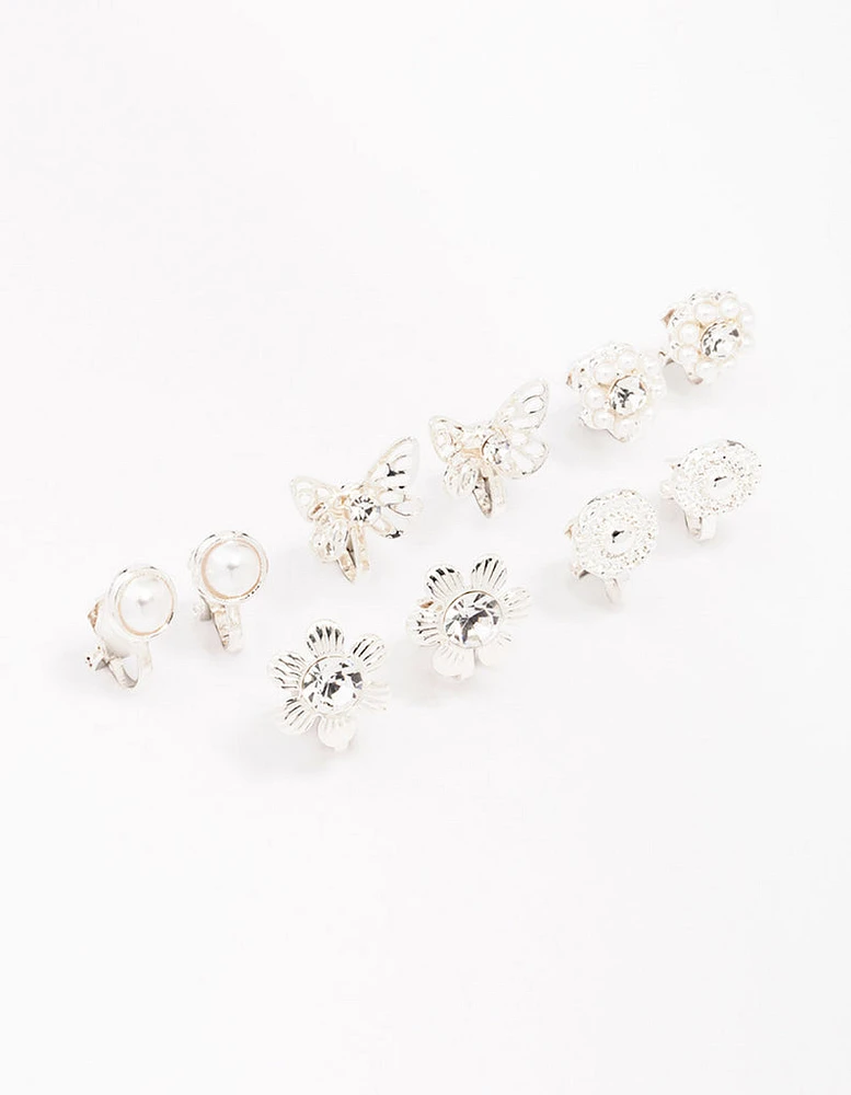 Silver Butterfly & Flower Clip On Earring 5-Pack