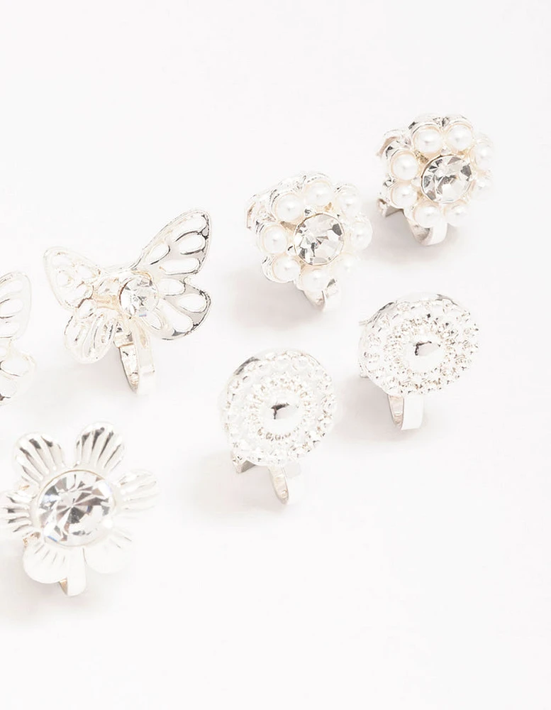 Silver Butterfly & Flower Clip On Earring 5-Pack