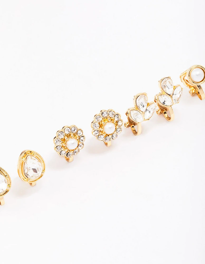 Gold Jewel Stone Clip On Earring 5-Pack