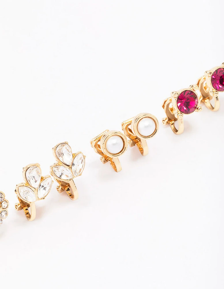 Gold Jewel Stone Clip On Earring 5-Pack