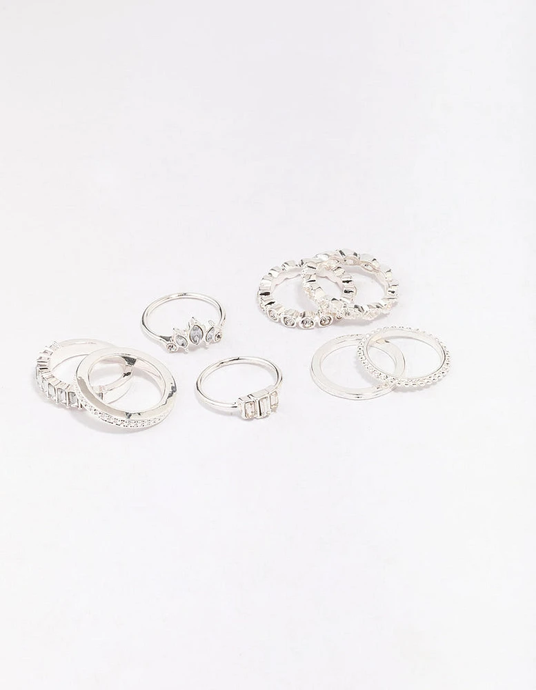 Silver Diamante Band Mixed Ring Pack