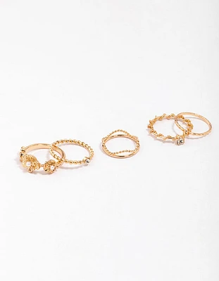 Gold Twisted Flower Stacking Rings 6- Pack