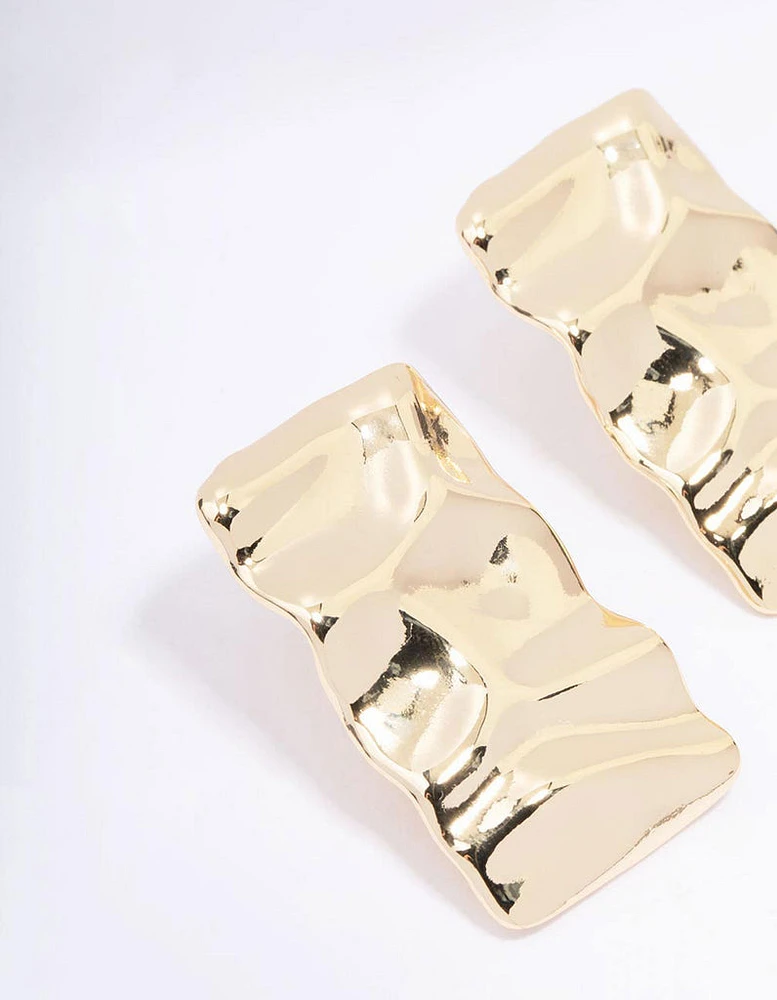 Gold Plated Hammered Rectangular Stud Earrings