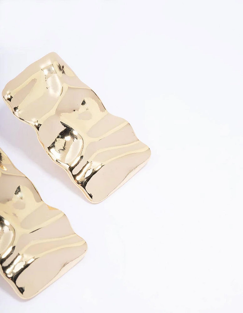 Gold Plated Hammered Rectangular Stud Earrings