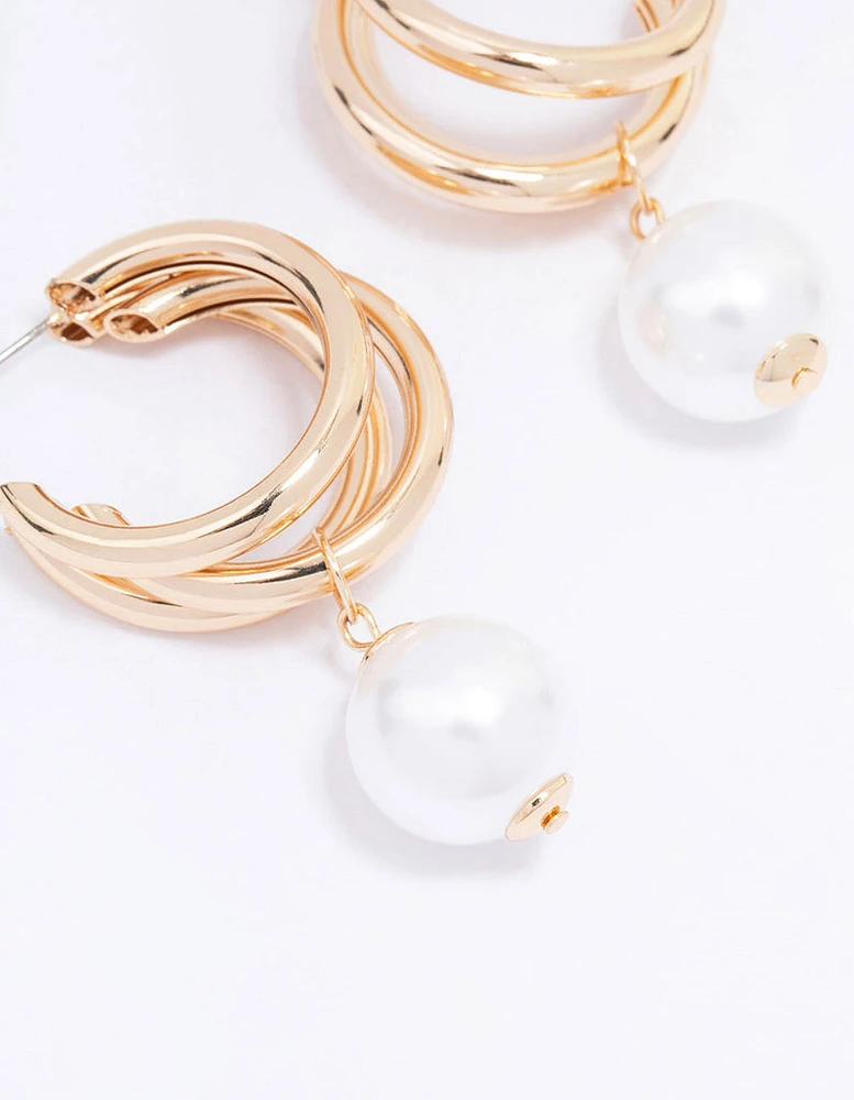 Gold Triple Row Pearl Drop Earrings