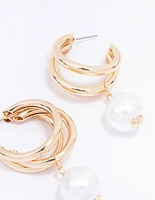 Gold Triple Row Pearl Drop Earrings