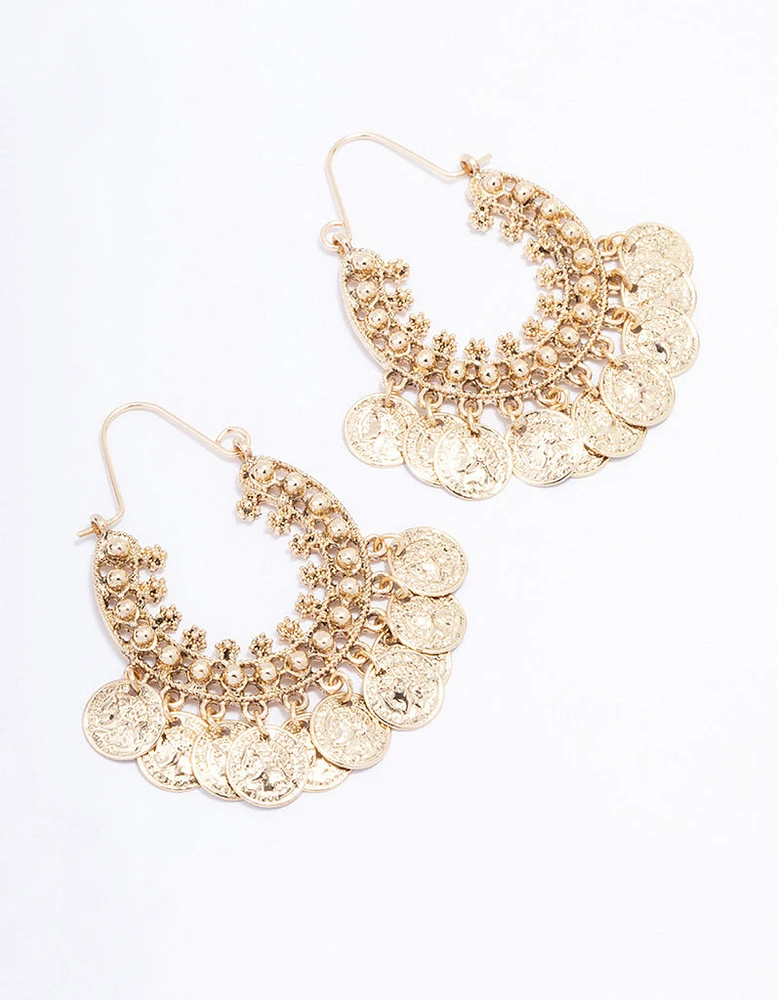 Gold Filigree Coin Hoop Earrings