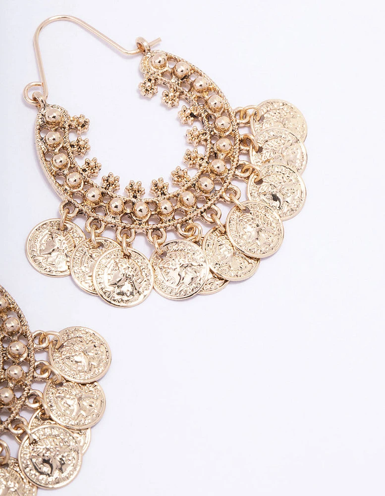 Gold Filigree Coin Hoop Earrings