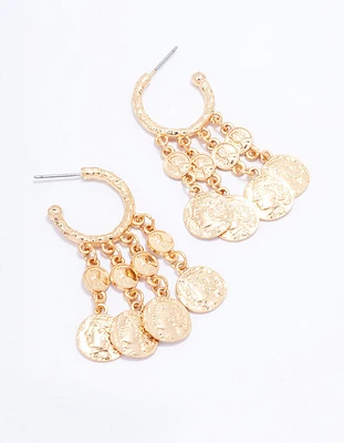 Gold Coin Fringe Hoop Earrings