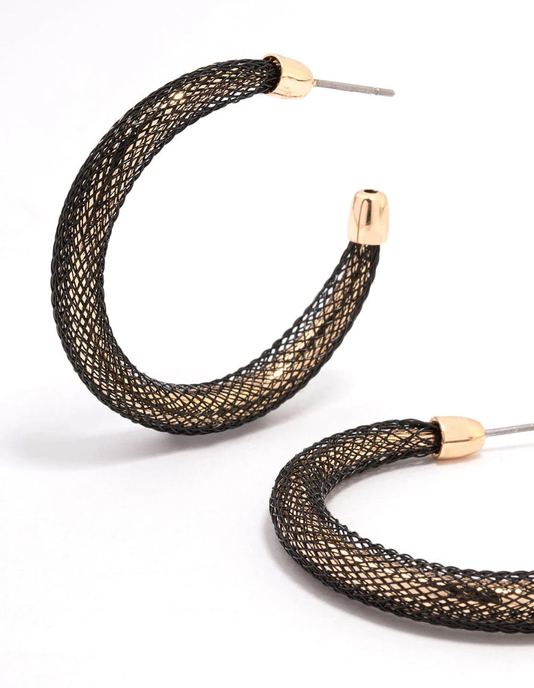 Gold & Black Mesh Bold Hoop Earrings