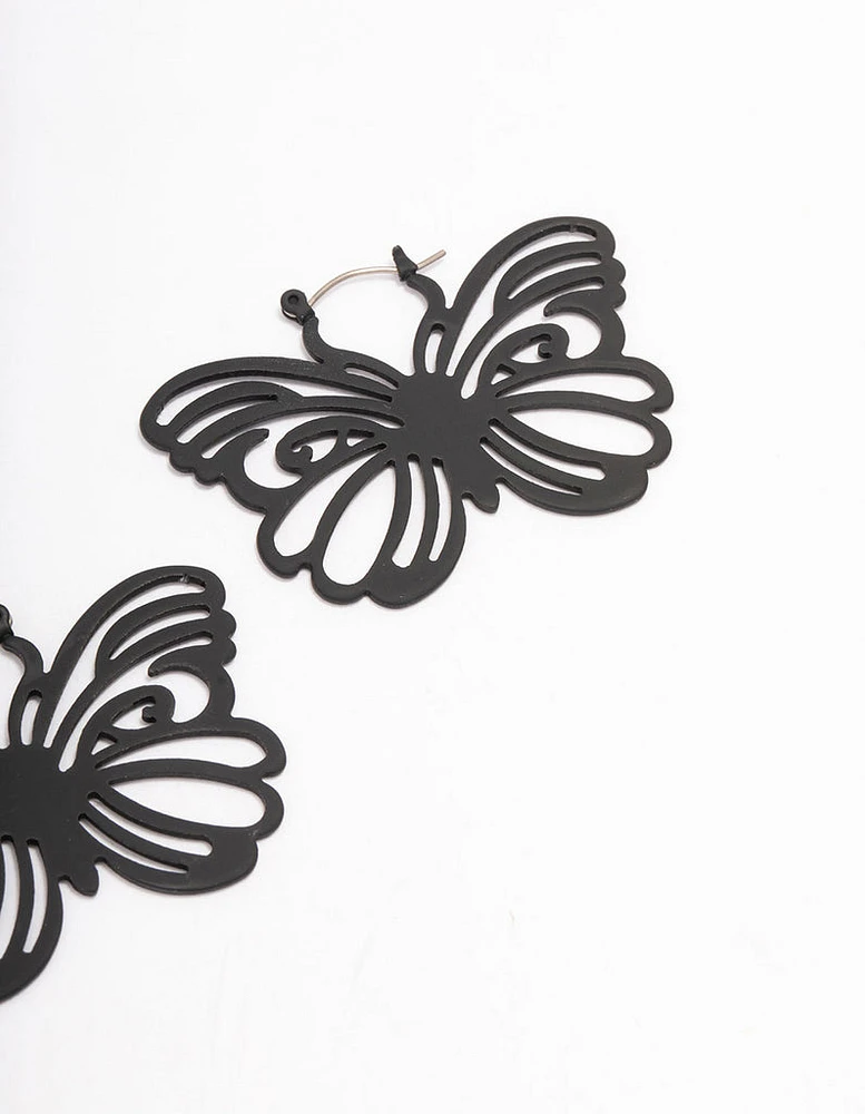 Black Butterfly Pattern Hoop Earrings