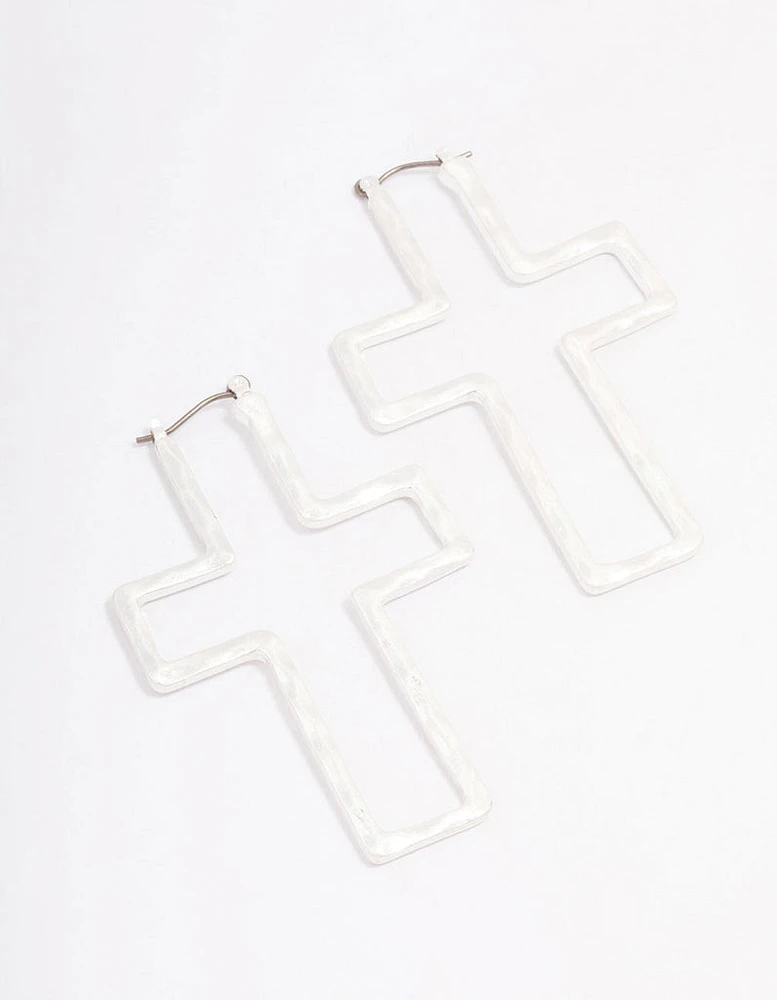 Silver Cross Outline Hoop Earrings