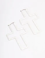 Silver Cross Outline Hoop Earrings