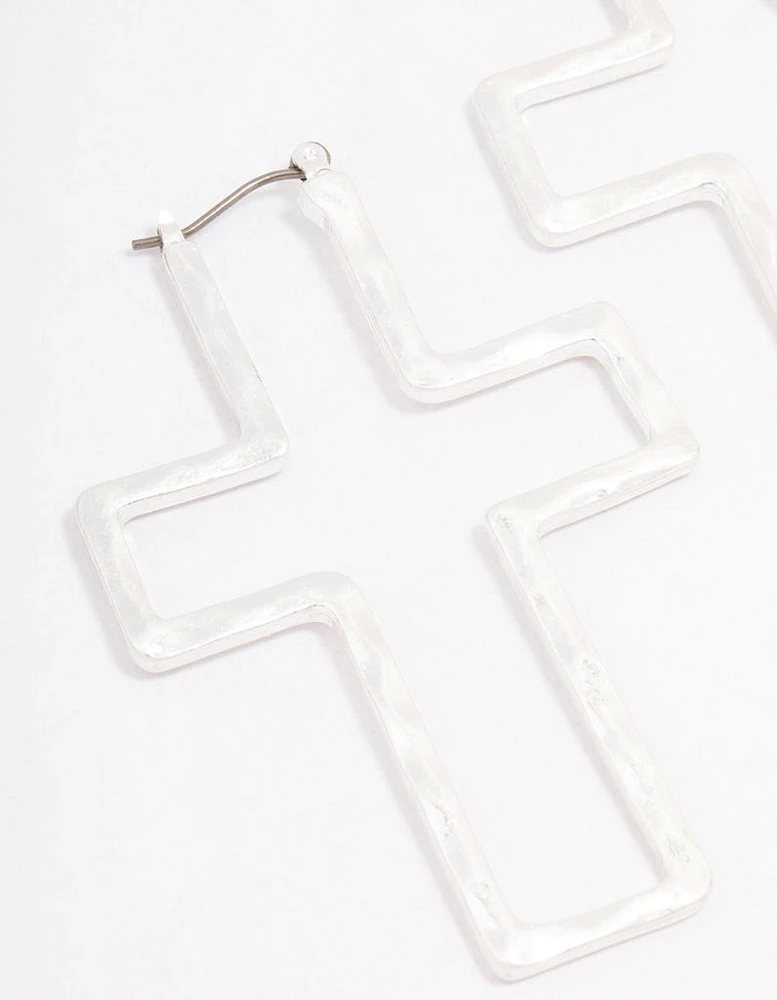 Silver Cross Outline Hoop Earrings