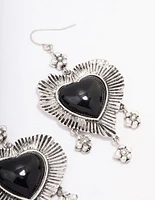 Antique Silver Detailed Heart Drop Earrings