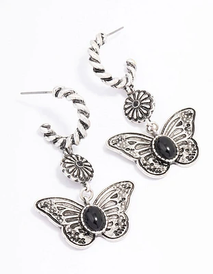 Antique Silver Butterfly Rope Drop Earrings