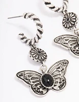 Antique Silver Butterfly Rope Drop Earrings