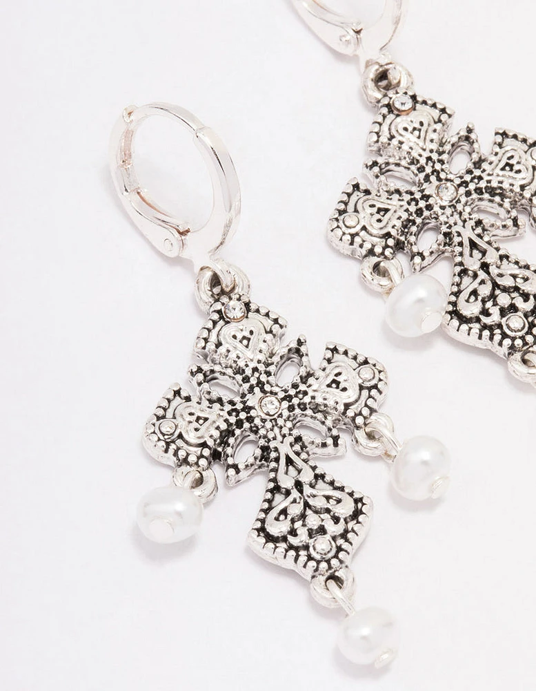 Antique Silver Cross Droplet Drop Earrings