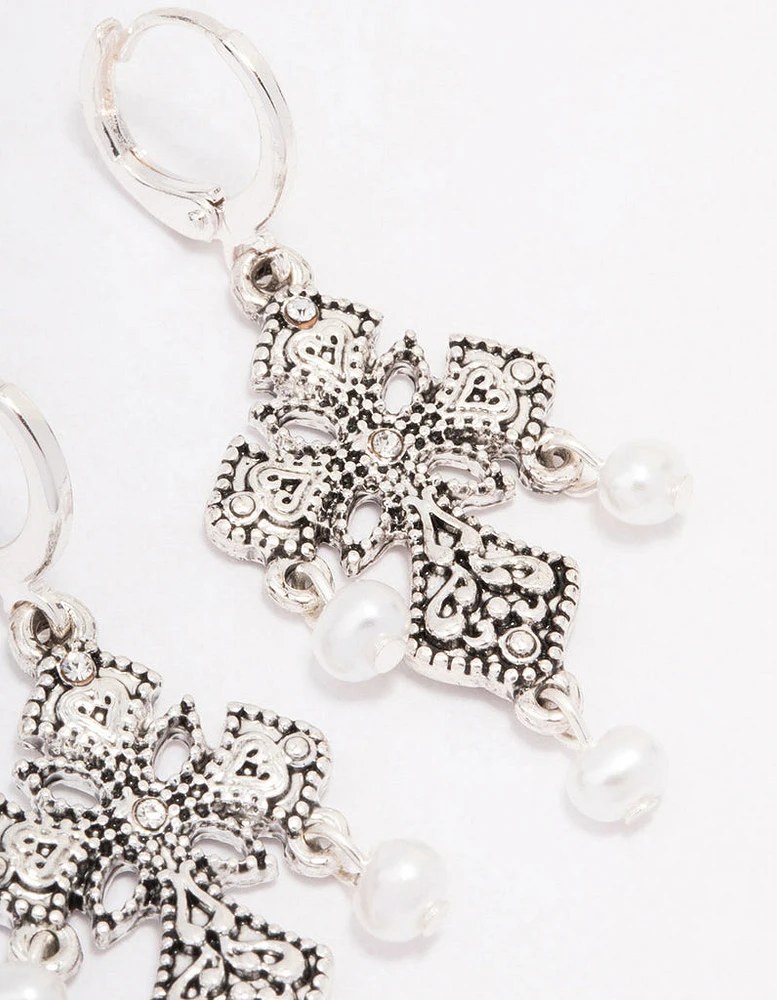 Antique Silver Cross Droplet Drop Earrings