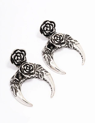Antique Silver Crescent Rose Drop Earrings