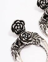 Antique Silver Crescent Rose Drop Earrings