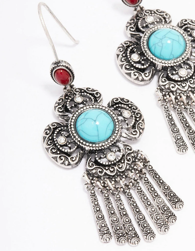 Antique Silver Fringe Cluster Boho Drop Earrings