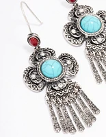 Antique Silver Fringe Cluster Boho Drop Earrings