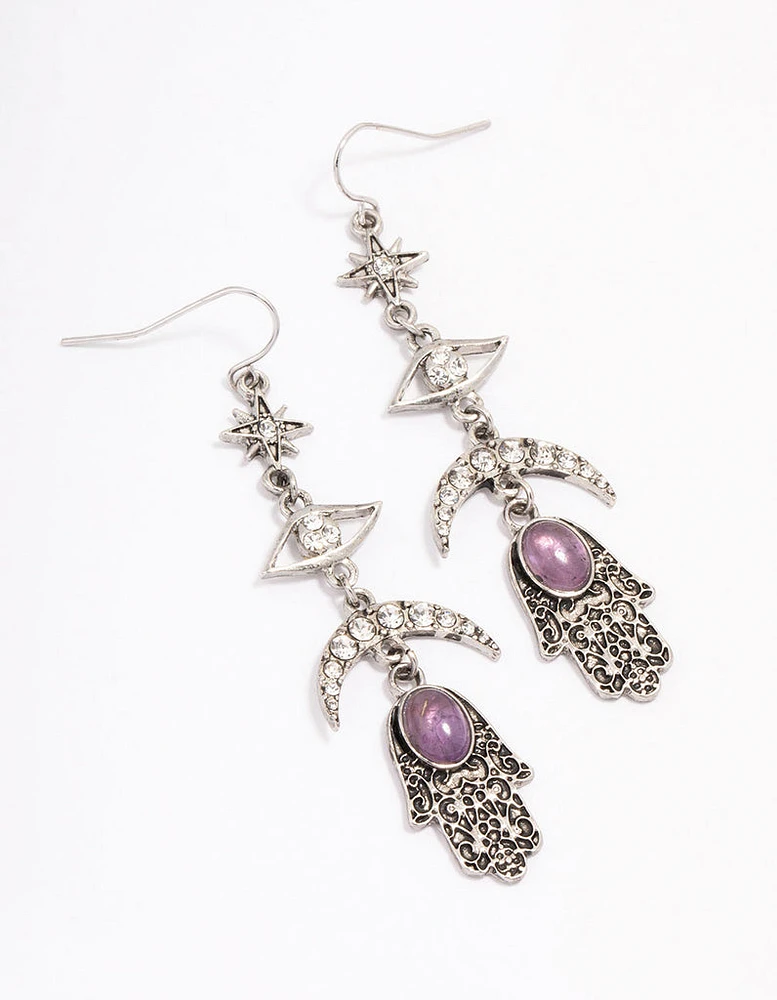 Antique Silver Hasma & Moon Drop Earrings