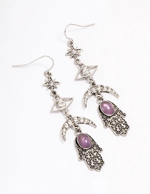 Antique Silver Hasma & Moon Drop Earrings