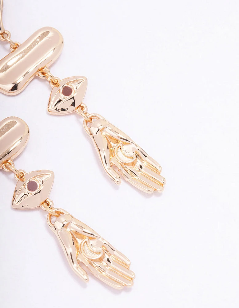 Gold Heart Hand Drop Earrings