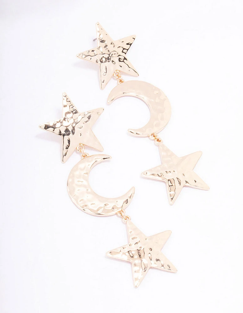 Gold Textured Star & Moon Drop Earrings