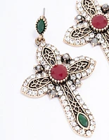 Antique Gold Jeweled Cross Drop Earrings