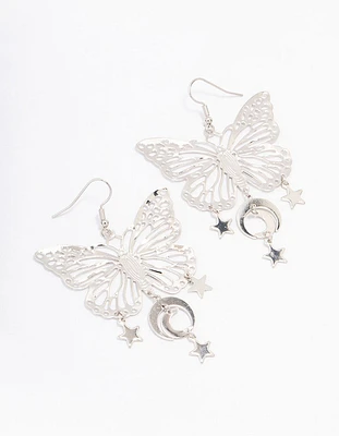 Silver Butterfly Moon Drop Earrings