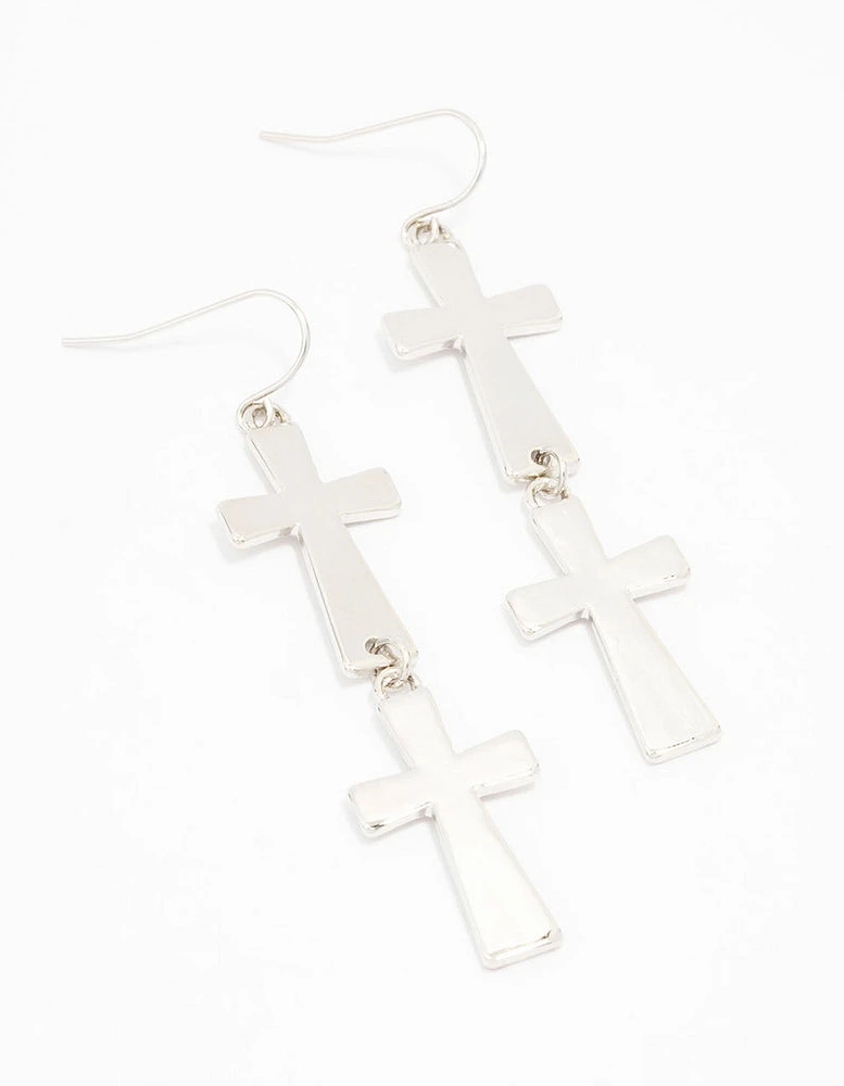 Rhodium Double Cross Drop Earrings